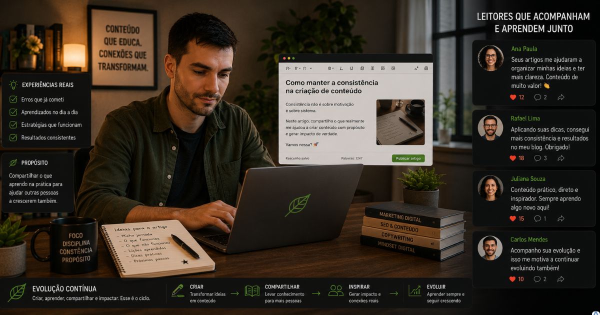 Criador escrevendo um novo artigo inspirado em experiências reais, enquanto um pequeno grupo de leitores acompanha e aprende com sua evolução.