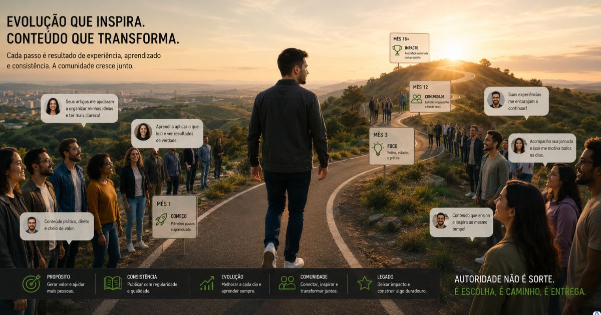 Criador de conteúdo caminhando por uma estrada que simboliza evolução contínua, enquanto sua comunidade cresce gradualmente ao redor, representando autoridade construída por experiência e consistência.