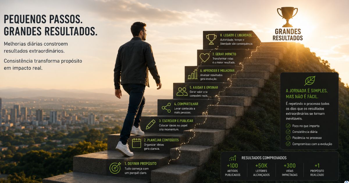 Criador de conteúdo subindo uma escada formada por pequenos degraus, simbolizando melhorias graduais, evolução contínua e construção de resultados consistentes no marketing digital ao longo do tempo.