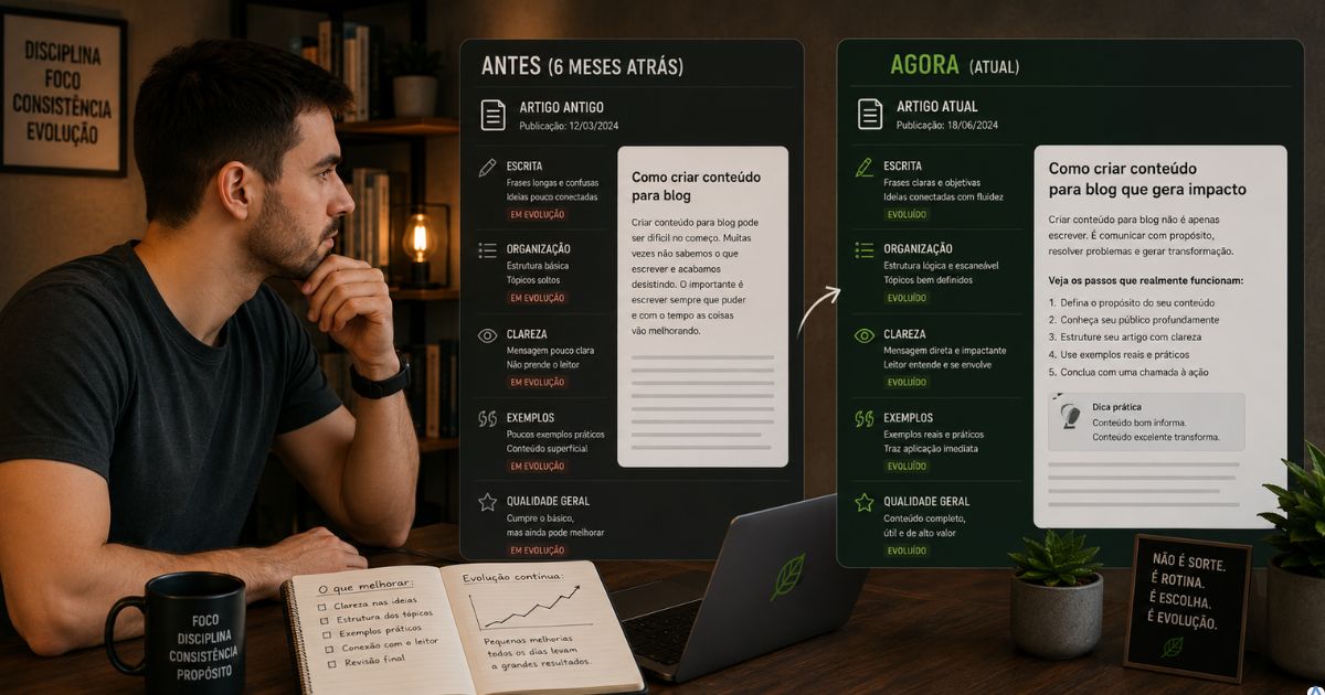 Criador comparando versões antigas e atuais de seus conteúdos, percebendo pequenas evoluções na escrita, organização e qualidade.