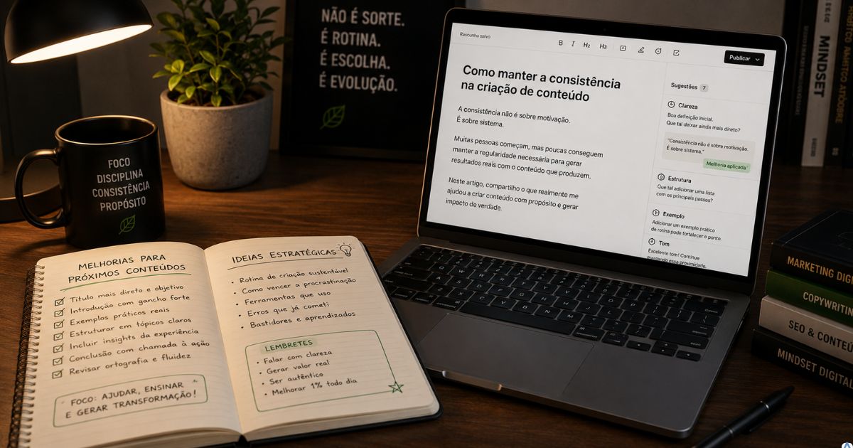 Caderno aberto com anotações de melhorias para os próximos conteúdos, ao lado de um notebook exibindo um artigo em processo de revisão.