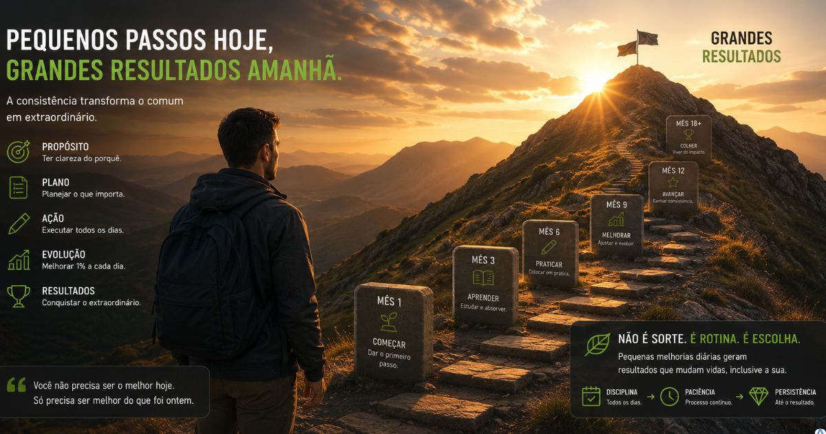 Caminho formado por pequenos passos levando a uma montanha ao nascer do sol, simbolizando que melhorias constantes e consistentes geram grandes resultados ao longo do tempo, com um criador observando sua evolução.