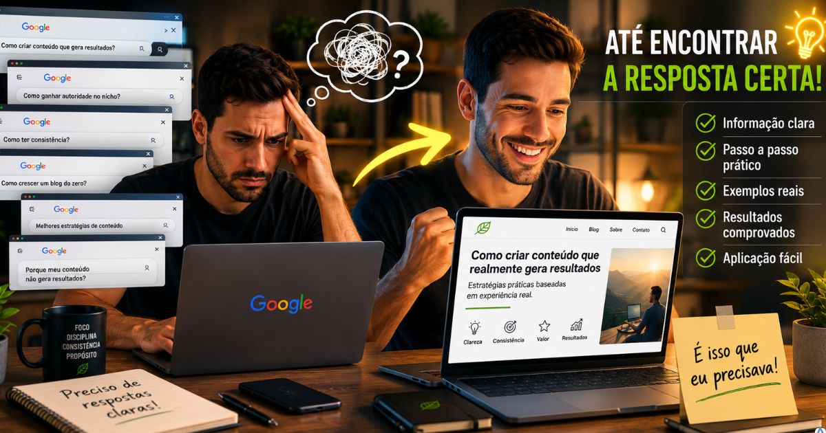 Pessoa pesquisando no Google em um notebook, cercada por diversas abas abertas e expressão de dúvida, encontrando um conteúdo claro que transmite compreensão, confiança e ajuda para resolver seu problema.