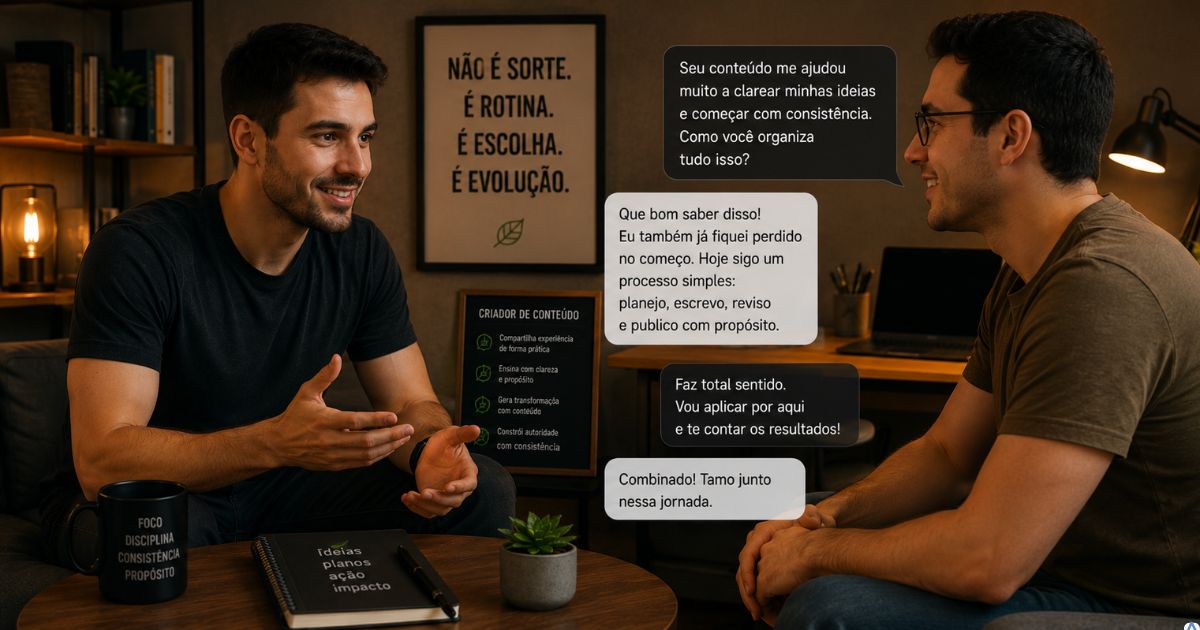 Criador de conteúdo conversando com um leitor em um ambiente acolhedor, representando identificação, escuta e comunicação clara.