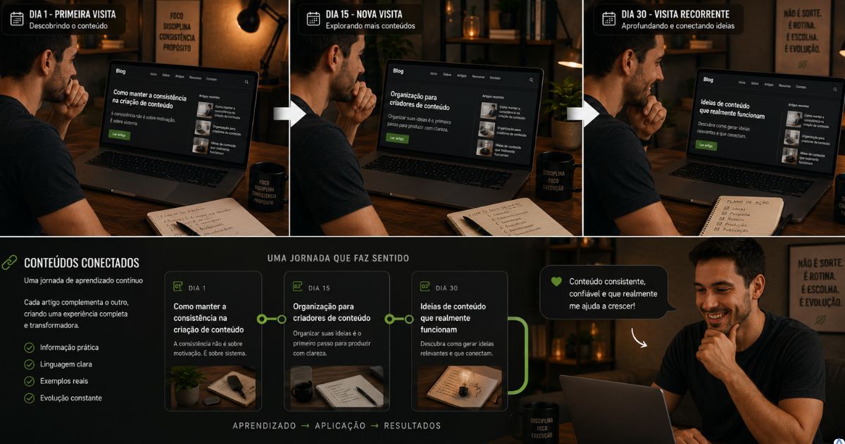 Pessoa retornando ao mesmo blog em diferentes momentos, encontrando conteúdos conectados entre si e demonstrando satisfação ao navegar por novos artigos.