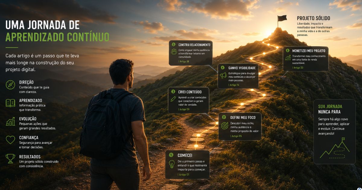 Leitor caminhando por uma trilha formada por artigos conectados, simbolizando uma jornada contínua de aprendizado, confiança e construção de um projeto digital sólido.