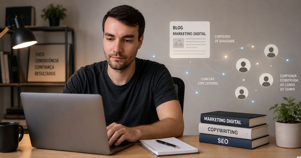 Criador de conteúdo trabalhando em seu blog enquanto pequenas conexões entre leitores representam confiança, credibilidade e autoridade sendo construídas gradualmente por meio de conteúdo útil e consistente.