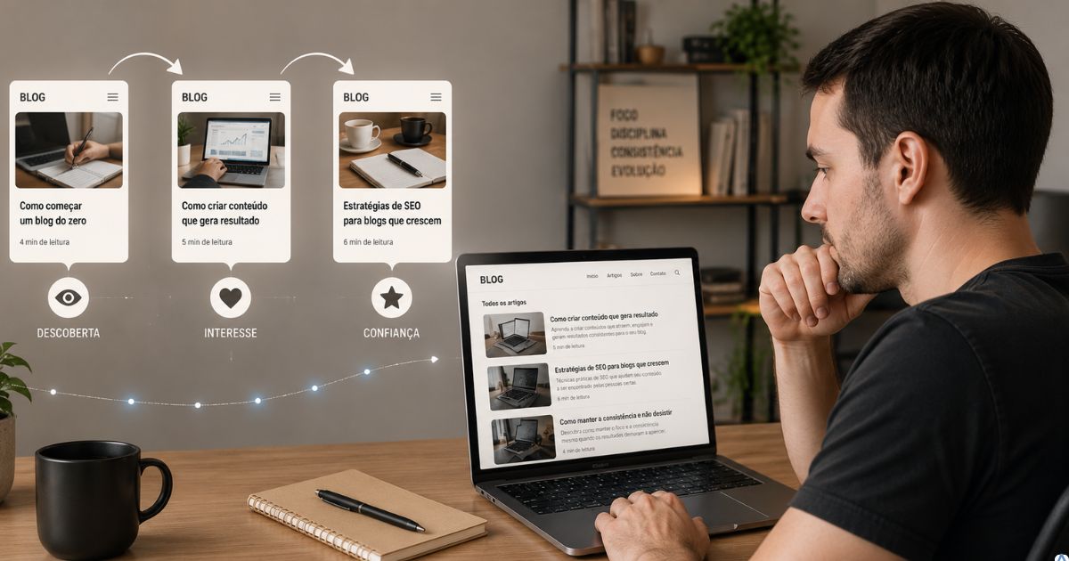 Leitor navegando por diferentes artigos de um mesmo blog, demonstrando interesse crescente e confiança na qualidade do conteúdo.