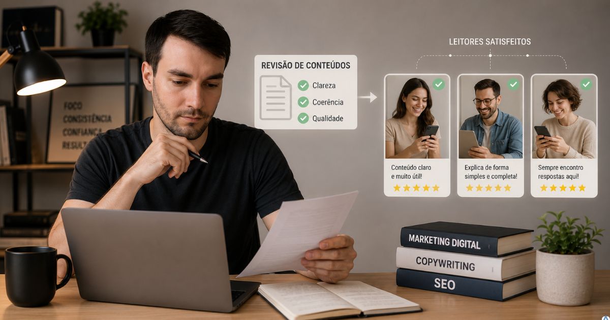 Criador revisando seus conteúdos para manter clareza, coerência e qualidade, enquanto leitores demonstram satisfação ao consumir diferentes publicações.