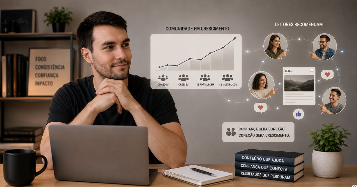 Criador de conteúdo observando sua comunidade crescer gradualmente, enquanto leitores recomendam seu trabalho uns aos outros, simbolizando confiança, credibilidade e crescimento sustentável.