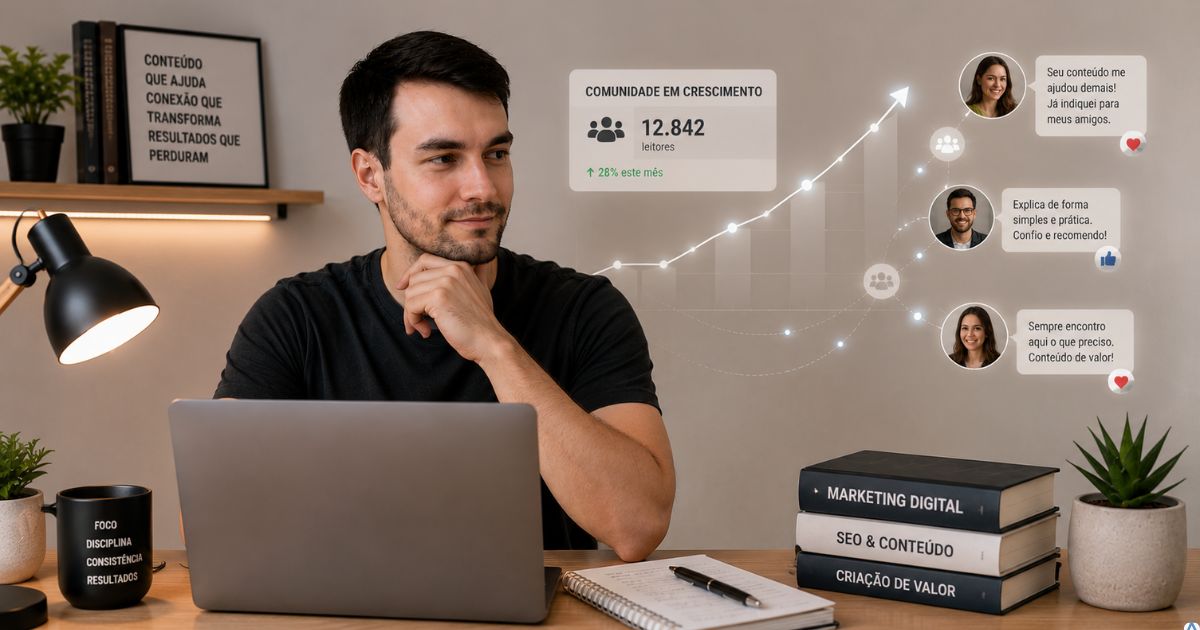 Criador de conte�do conversando diretamente com um pequeno grupo de pessoas interessadas enquanto uma multid�o desfocada permanece ao fundo, simbolizando foco no p�blico certo, conex�o genu�na e constru��o de autoridade.