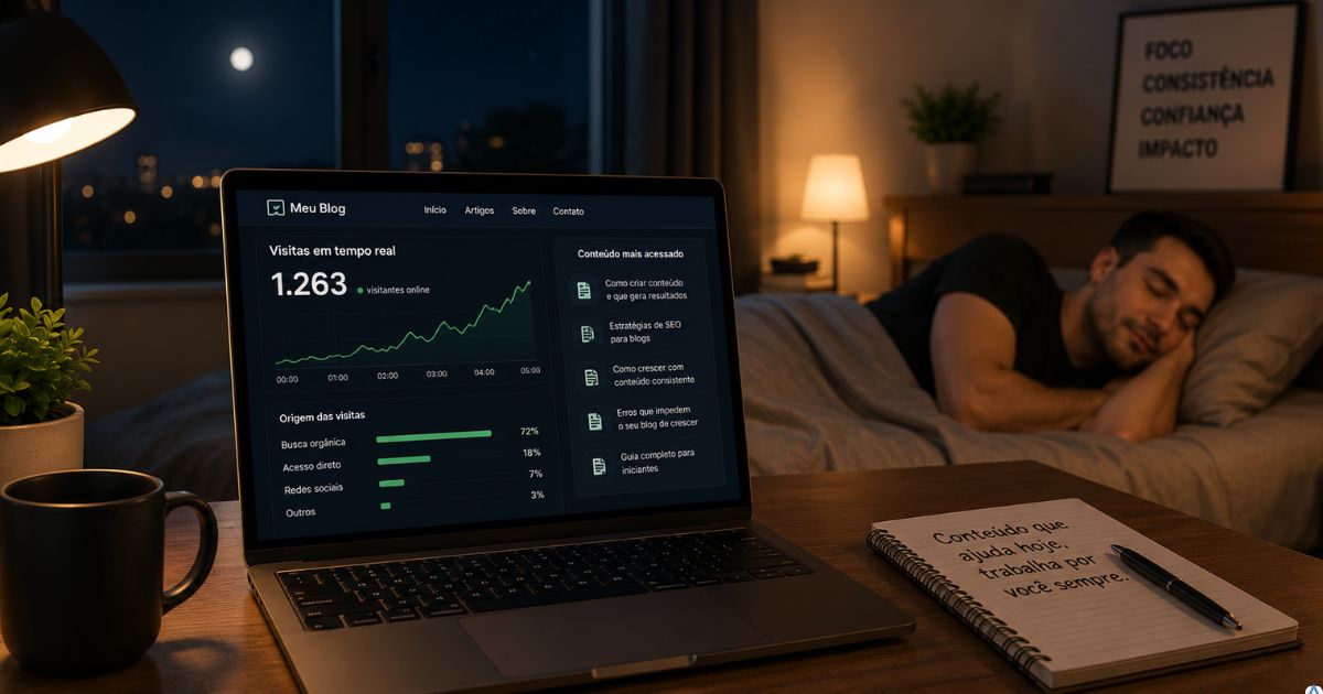 Notebook aberto mostrando visitas chegando a um blog durante a madrugada enquanto o criador dorme tranquilamente, representando conte�do evergreen, tr�fego org�nico e um ativo digital trabalhando continuamente ao longo do tempo.