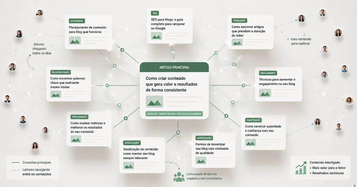 Mapa com diversos artigos interligados formando uma rede de conhecimento, simbolizando um acervo de conte�do que continua atraindo leitores continuamente.