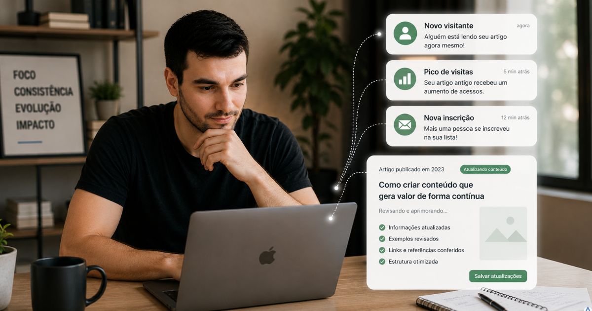 Criador revisando um artigo antigo enquanto novas notifica��es de visitantes e inscri��es chegam ao blog, representando a evolu��o cont�nua do conte�do.