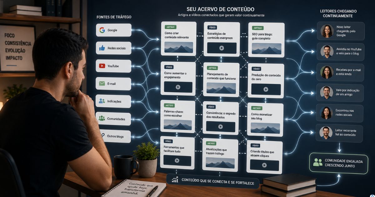 Criador observando um grande acervo de artigos e v�deos conectados, enquanto novos leitores chegam continuamente por diferentes caminhos, simbolizando um ativo digital crescendo de forma sustent�vel ao longo do tempo.