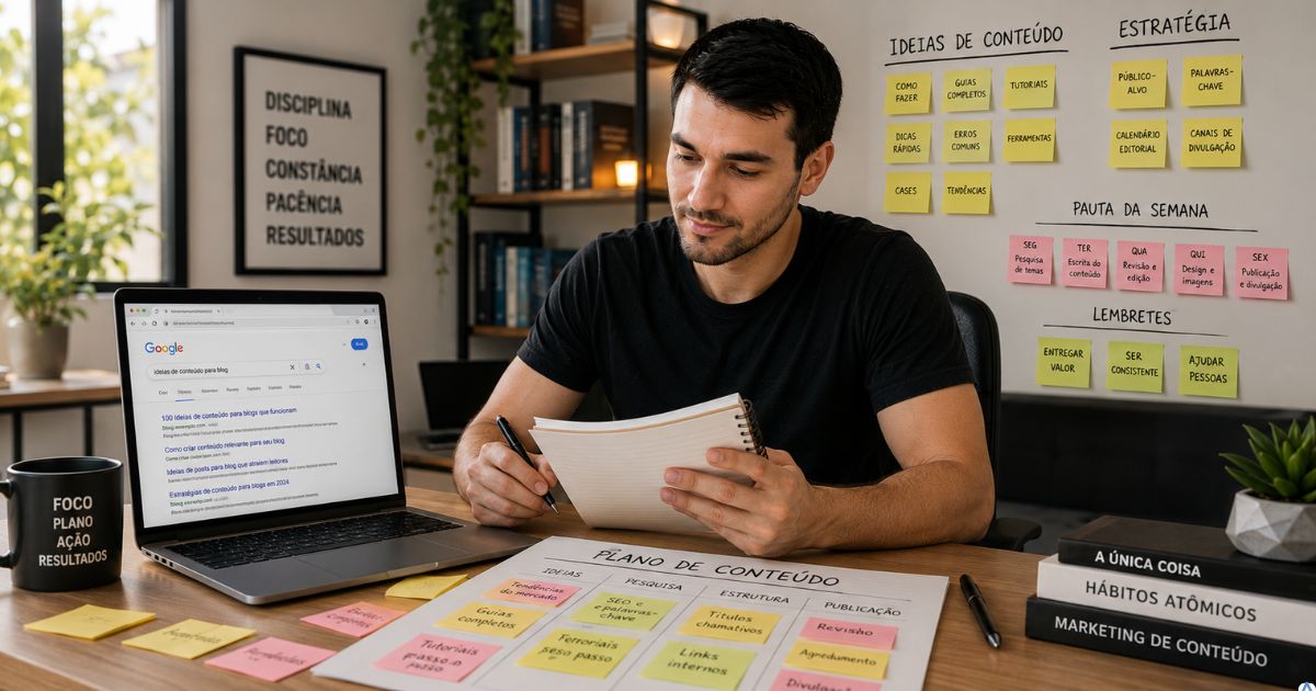 Pessoa analisando anota��es com notebook aberto mostrando pesquisas no Google e v�rios post-its organizados sobre cria��o de conte�do, representando planejamento estrat�gico, pesquisa de palavras-chave e produ��o de conte�do relevante.