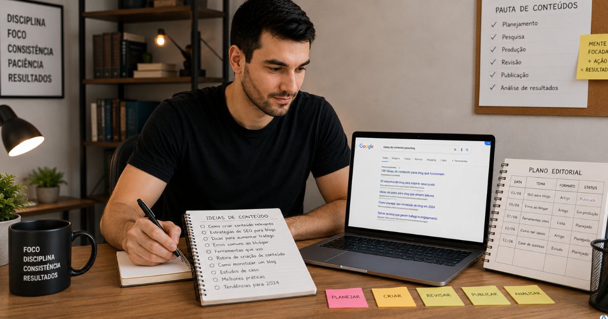 Pessoa pesquisando ideias de conte�do no Google enquanto organiza um caderno com t�picos e planejamento editorial, ambiente de escrit�rio simples e organizado.