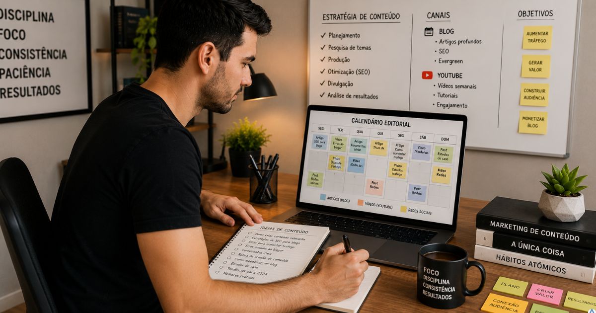 Pessoa organizando um calend�rio editorial em um notebook, com anota��es, caf� ao lado e uma vis�o de planejamento estrat�gico de conte�dos para blog e YouTube.