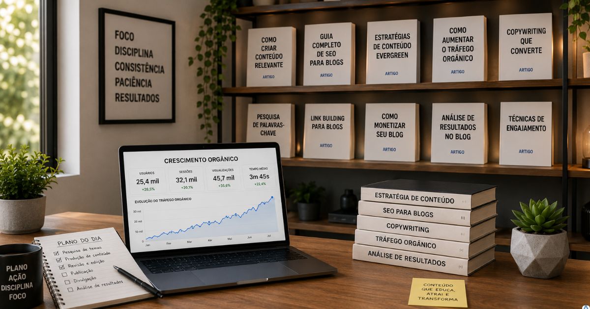 Estante moderna com livros representando artigos de blog, notebook aberto mostrando crescimento org�nico, ambiente iluminado transmitindo constru��o de conhecimento e evolu��o cont�nua.