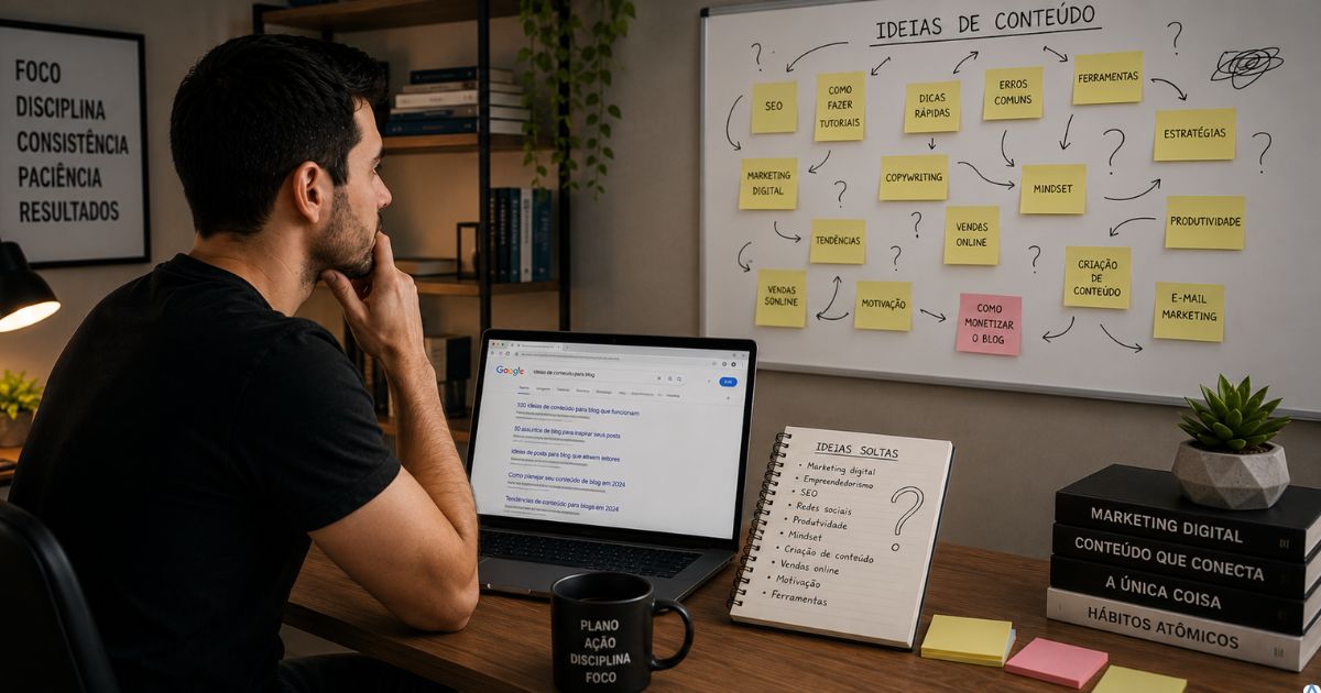 Criador de conteúdo observando um quadro cheio de ideias desconectadas enquanto analisa pesquisas no Google em um notebook, representando a importância de compreender o público antes de planejar artigos e vídeos.