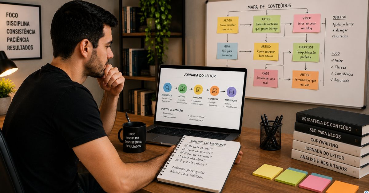 Pessoa analisando o comportamento de um visitante em um notebook com mapa de jornada do leitor, anotações e blocos de conteúdo conectados, ambiente organizado e profissional.