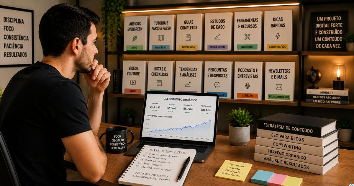 Biblioteca moderna simbolizando um ecossistema de conteúdos, notebook aberto exibindo crescimento orgânico e uma pessoa observando a construção de um projeto digital de longo prazo, ambiente iluminado e inspirador.
