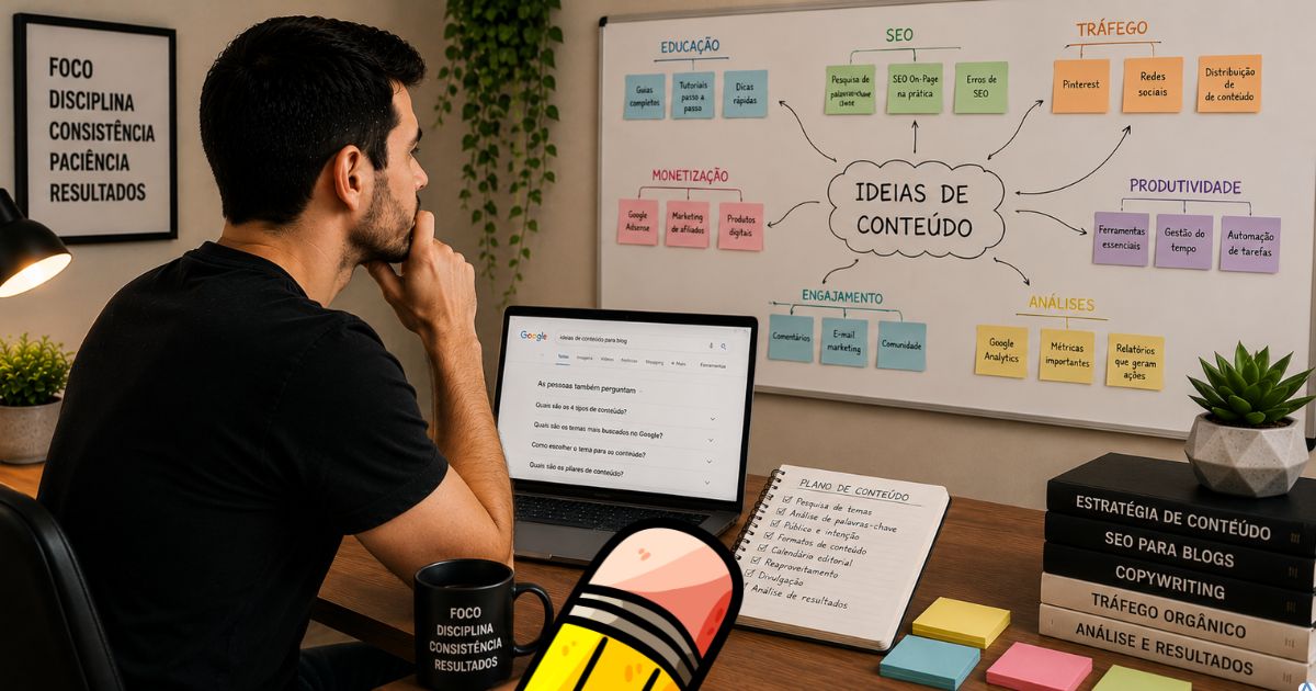 Pessoa analisando diferentes ideias de conteúdo em um quadro branco, com notebook exibindo pesquisas no Google e um caderno de planejamento, representando validação de temas e estratégia para criação de conteúdo.