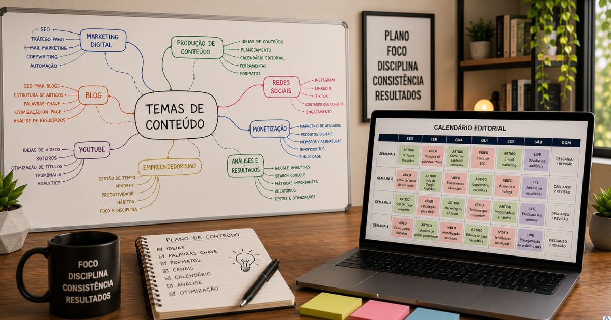 Mapa mental mostrando diversos temas de conteúdo conectados entre si, notebook ao lado exibindo um calendário editorial, ambiente limpo e profissional.