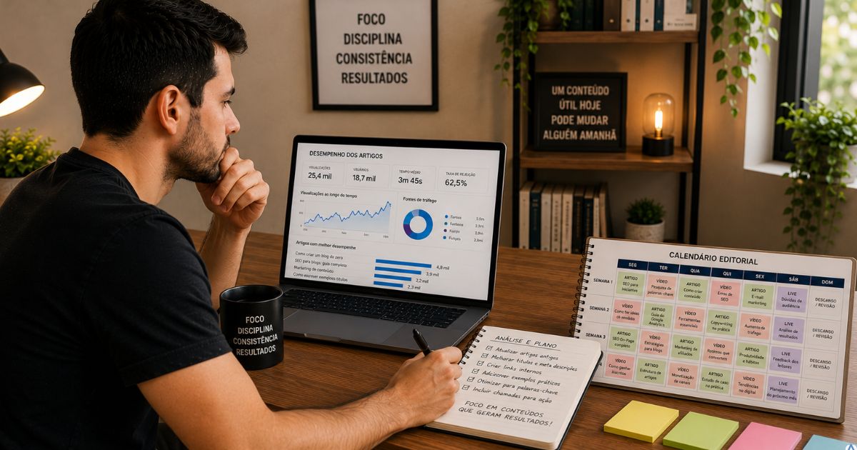 Pessoa analisando gráficos de desempenho de artigos em um notebook, com caderno de anotações e calendário editorial sobre a mesa, ambiente organizado e profissional.