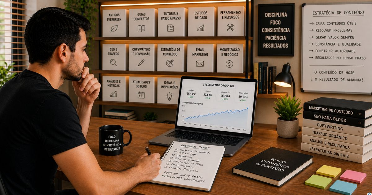 Biblioteca moderna simbolizando um acervo de conteúdos organizados, notebook exibindo crescimento orgânico e uma pessoa planejando os próximos temas com foco em longo prazo, ambiente claro e inspirador.