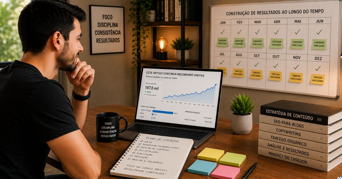 Notebook exibindo um artigo recebendo visitas constantes ao longo de vários meses enquanto uma pessoa acompanha o crescimento orgânico, representando a criação de conteúdo evergreen que continua gerando resultados.