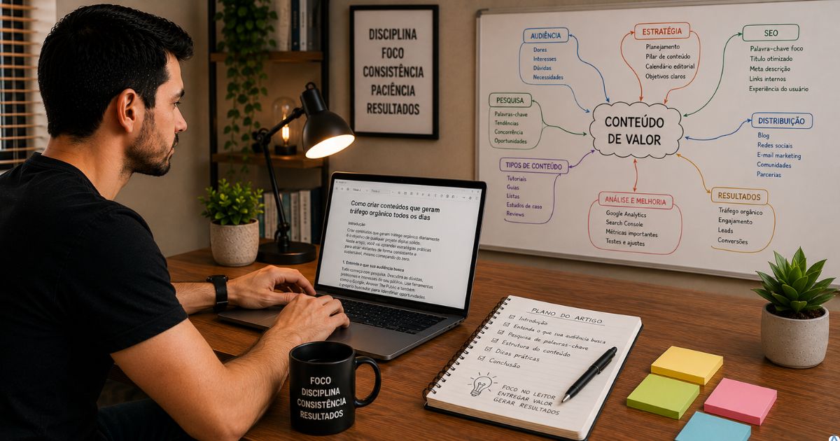 Pessoa escrevendo um artigo em notebook enquanto consulta um mapa mental organizado, ambiente tranquilo transmitindo planejamento e clareza.
