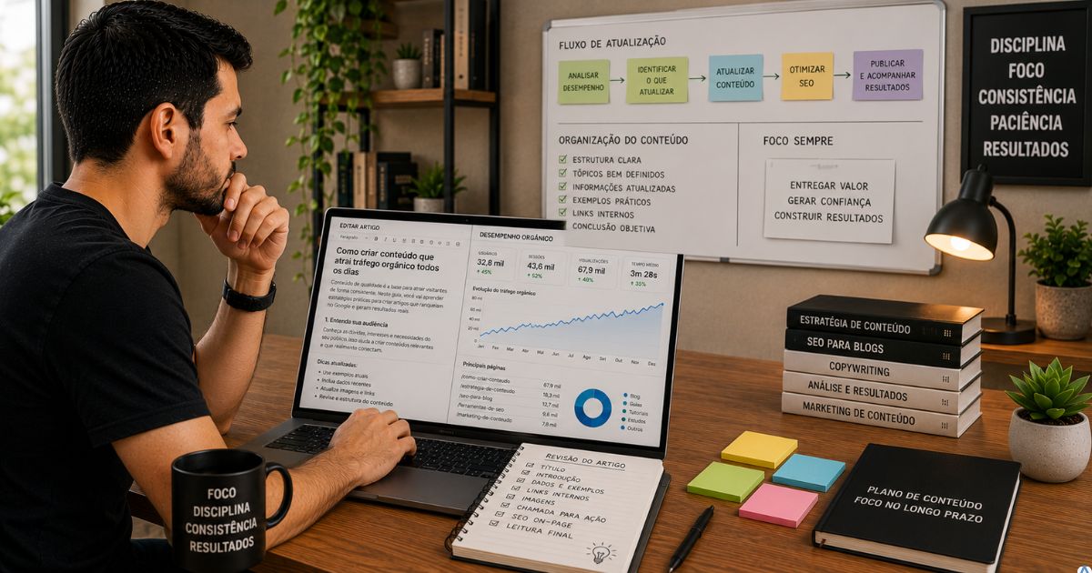 Pessoa revisando um artigo publicado em um notebook, atualizando informações enquanto observa gráficos de crescimento orgânico e organização do conteúdo, ambiente moderno e iluminado.
