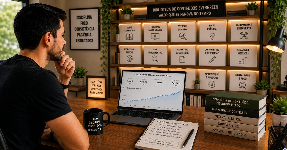 Biblioteca moderna representando uma coleção de conteúdos evergreen, notebook exibindo crescimento constante de visitantes e uma pessoa observando o projeto com satisfação, ambiente iluminado transmitindo evolução de longo prazo.