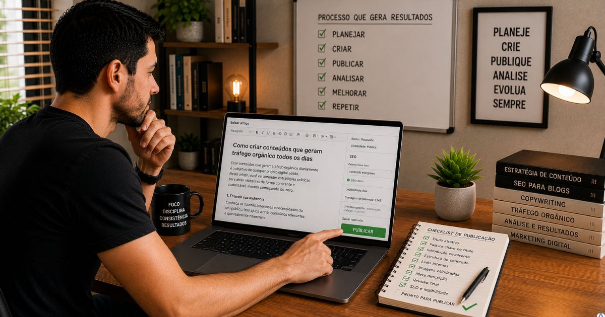 Pessoa revisando um artigo em um notebook antes de clicar no bot�o de publicar, com um checklist aberto ao lado, representando a revis�o estrat�gica de conte�dos antes da publica��o.