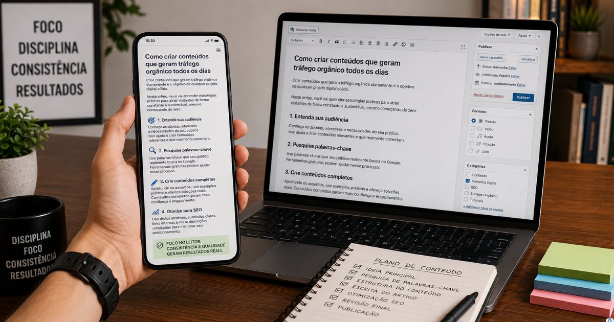 Smartphone exibindo um artigo bem organizado com par�grafos curtos e boa escaneabilidade, ao lado de um notebook com o editor de texto aberto, ambiente moderno e minimalista.