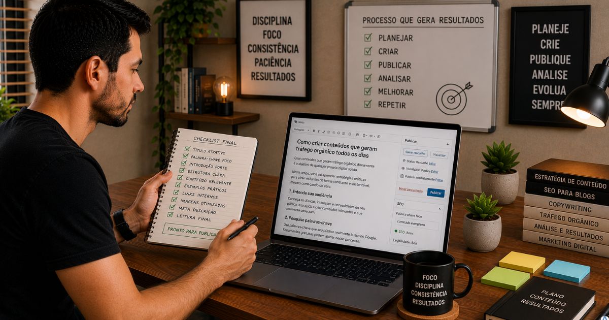 Pessoa revisando uma lista de verifica��o ao lado do notebook antes de publicar um artigo, ambiente organizado, caf� sobre a mesa e sensa��o de planejamento estrat�gico.