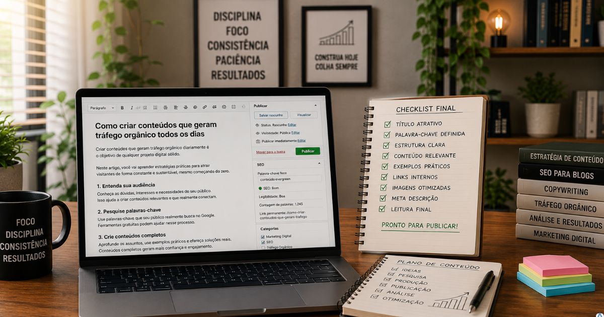 Notebook exibindo um artigo pronto para publica��o ao lado de um checklist conclu�do, ambiente iluminado transmitindo organiza��o, confian�a e constru��o de um projeto digital de longo prazo.