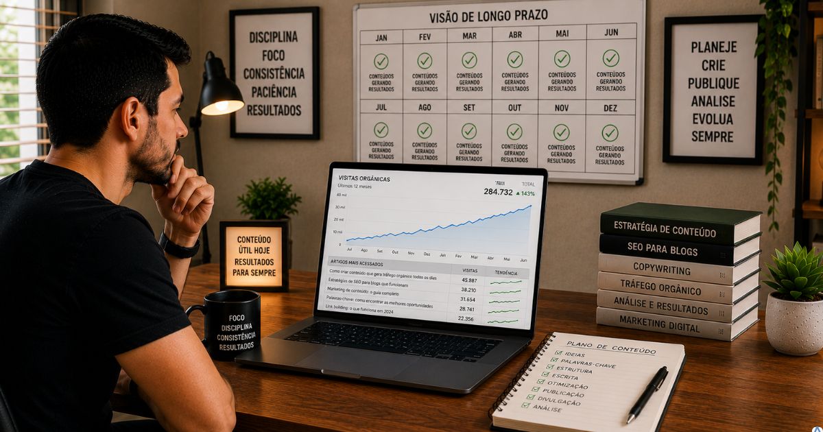 Pessoa observando um gráfico de crescimento constante em um notebook, com calendário mostrando vários meses e artigos continuando a receber visitas, representando a criação de conteúdo evergreen e crescimento orgânico de longo prazo.