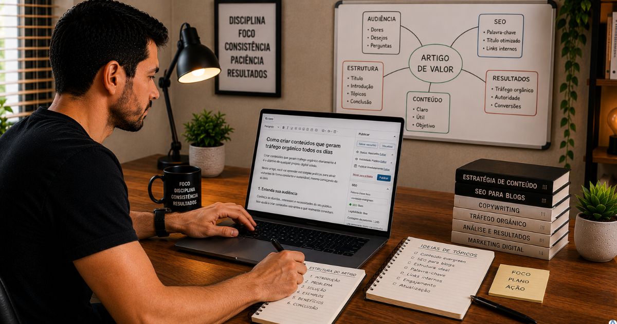 Pessoa escrevendo um artigo claro e organizado em notebook, utilizando mapa mental e anotações para estruturar o conteúdo, ambiente limpo e acolhedor.