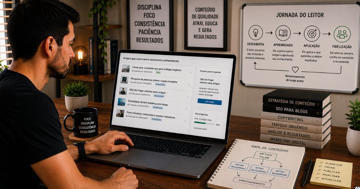 Pessoa navegando por diferentes artigos conectados em um notebook, com um mapa de jornada do leitor ao lado, ambiente moderno e organizado transmitindo continuidade no aprendizado.