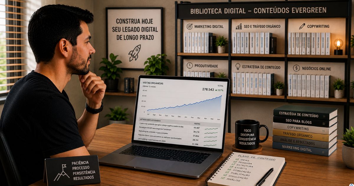 Biblioteca digital moderna representando um acervo de conteúdos evergreen, notebook exibindo crescimento constante de visitantes e uma pessoa observando o projeto com satisfação, ambiente iluminado transmitindo construção de longo prazo.