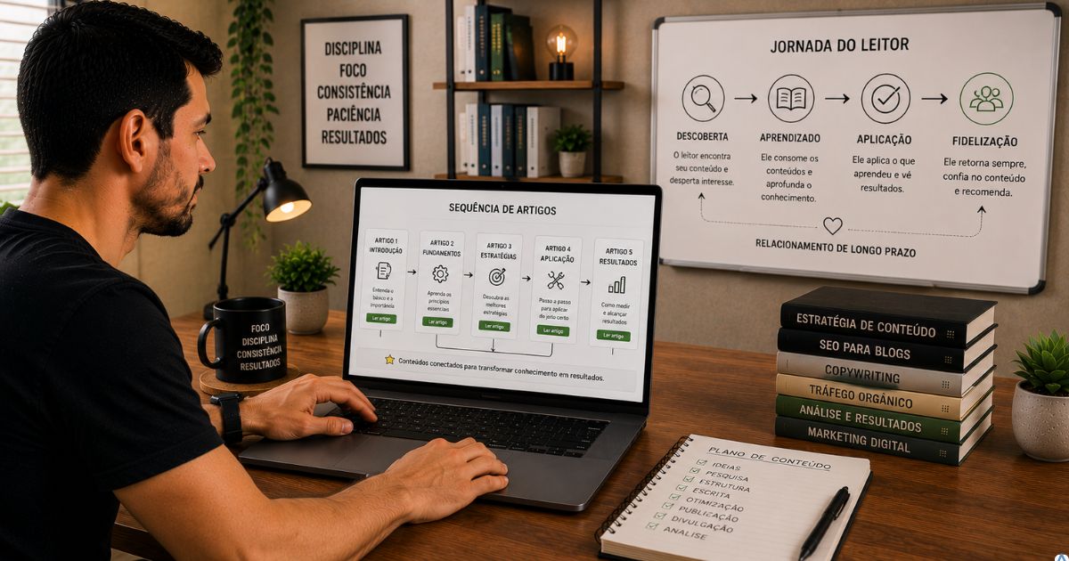 Pessoa navegando por uma sequ�ncia organizada de artigos em um notebook, com setas ligando diferentes conte�dos e um mapa da jornada do leitor ao lado, representando planejamento estrat�gico de conte�do e experi�ncia do leitor.
