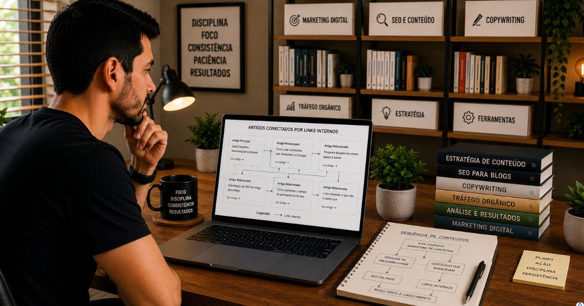 Biblioteca moderna organizada por temas, notebook aberto exibindo artigos conectados por links internos e uma pessoa estudando a sequ�ncia de conte�dos, ambiente acolhedor e profissional.