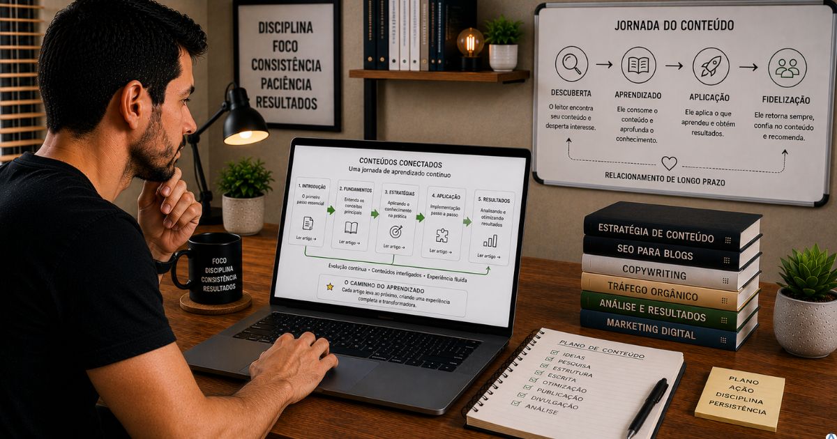 Pessoa navegando por diversos artigos conectados em um notebook, com setas indicando a evolu��o do aprendizado e uma experi�ncia fluida entre os conte�dos, ambiente moderno e organizado.