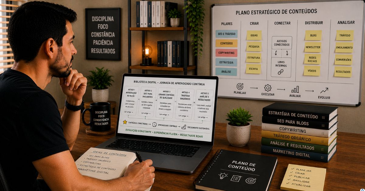 Biblioteca digital moderna representando uma jornada cont�nua de aprendizado, notebook exibindo artigos conectados e uma pessoa planejando novos conte�dos em um quadro estrat�gico, ambiente iluminado transmitindo crescimento sustent�vel.