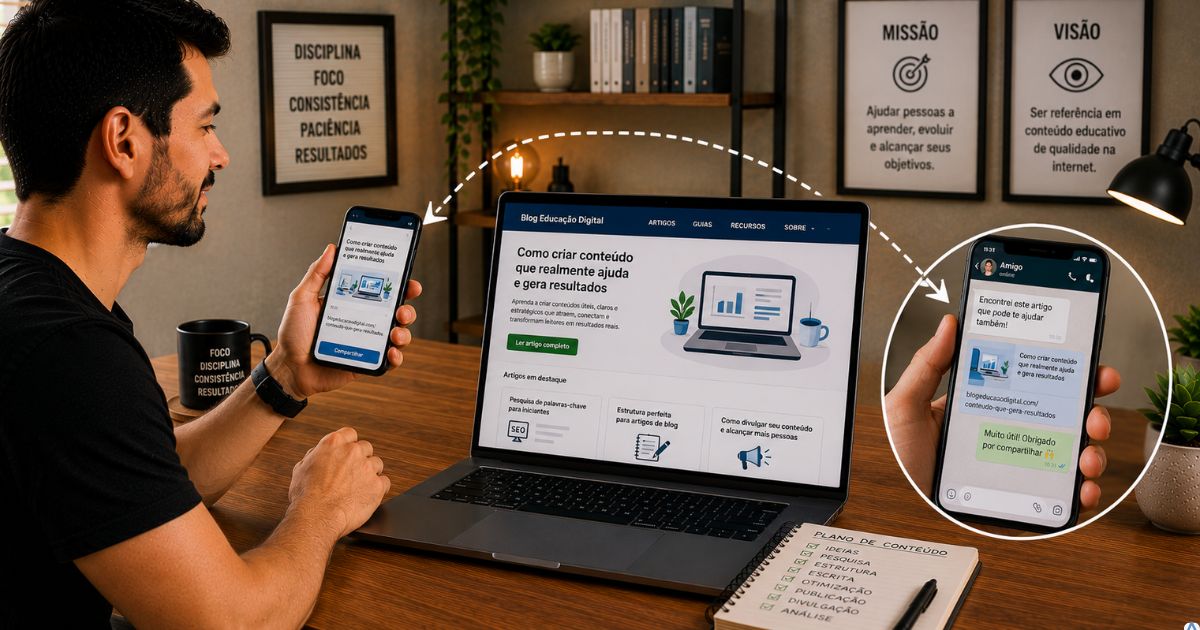 Pessoa compartilhando um artigo �til pelo celular para um amigo enquanto utiliza um notebook com um blog educativo aberto, representando conte�do de valor que gera compartilhamentos espont�neos mesmo sem viralizar.