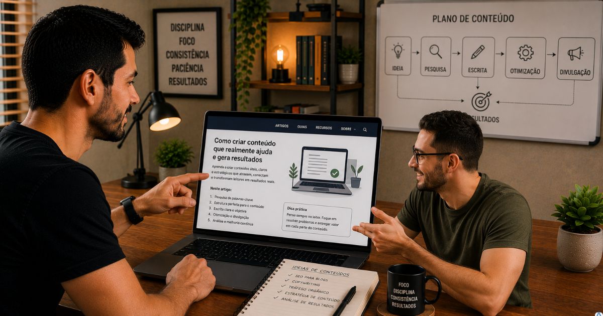 Duas pessoas conversando enquanto observam um artigo em um notebook, demonstrando aprendizado, clareza e troca de conhecimento em um ambiente acolhedor.