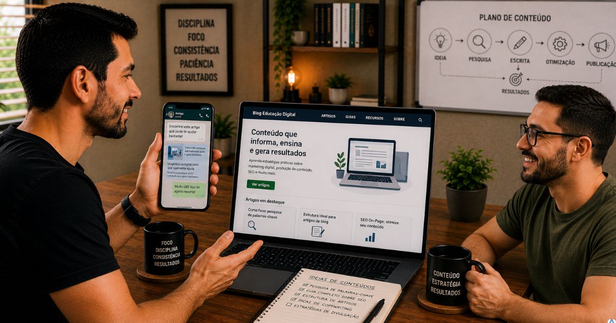 Pessoa enviando um artigo pelo celular enquanto conversa com um amigo, notebook aberto mostrando um blog organizado e ambiente acolhedor transmitindo confian�a e troca de conhecimento.