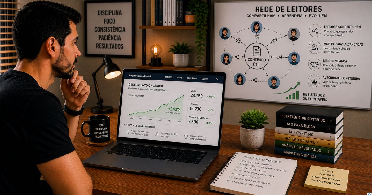 Pessoa observando um mapa de conex�es entre leitores compartilhando conte�dos �teis, notebook exibindo crescimento org�nico e ambiente moderno representando confian�a e constru��o de autoridade.